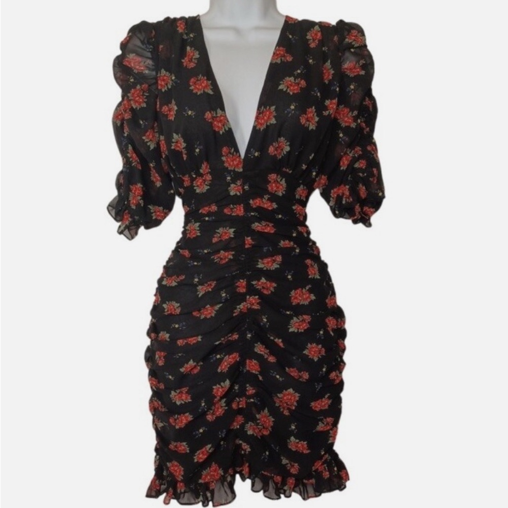 Zara Ruched Rose Floral Black Dress